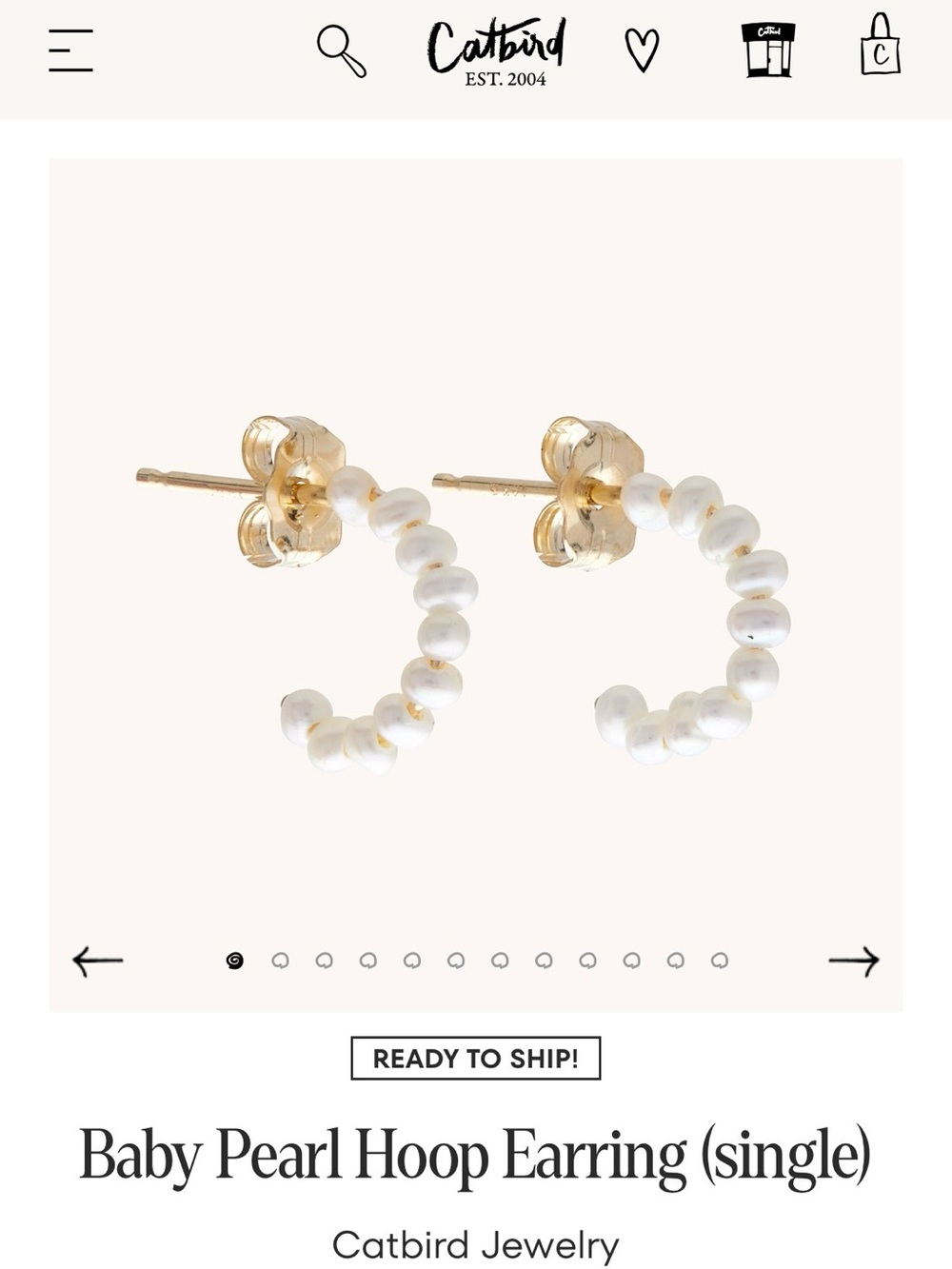 Catbird single baby pearl hoop earring 14k solid gold fresh water pearls post